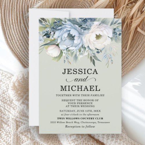 Elegant Dusty Blue Ivory Floral Sage Green  Invitation