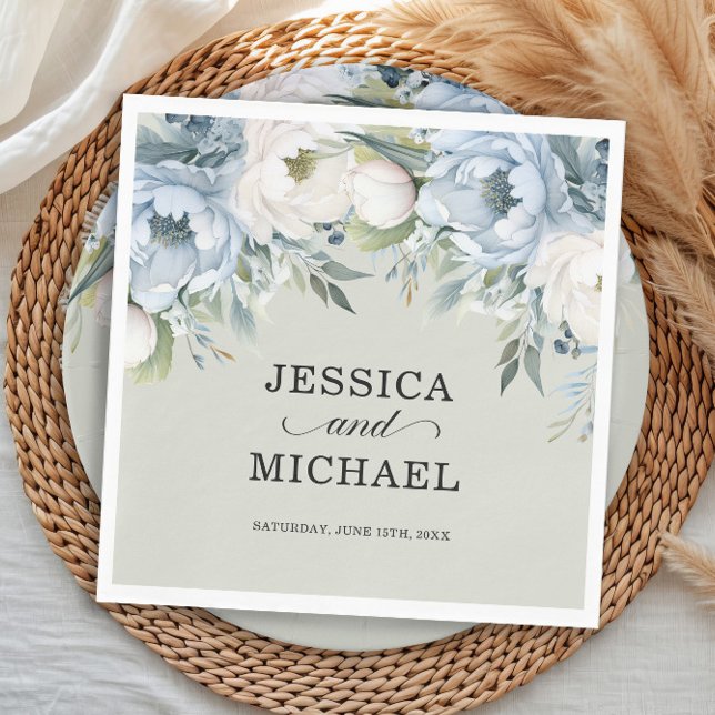 Elegant Dusty Blue Ivory Floral Sage Green  Napkins (Sage green wedding paper napkins with dusty blue and white watercolor flowers)