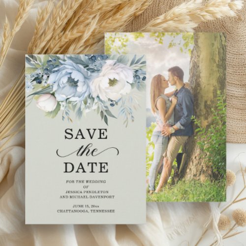 Elegant Dusty Blue Ivory Floral Sage Green Photo Save The Date