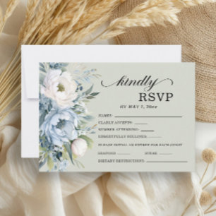 Elegant Dusty Blue Ivory Floral Sage Green RSVP Card
