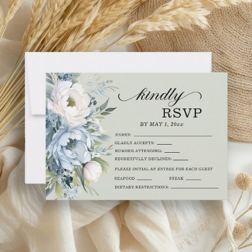 Elegant Dusty Blue Ivory Floral Sage Green  RSVP Card