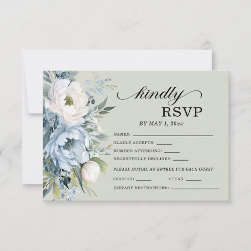 Elegant Dusty Blue Ivory Floral Sage Green  RSVP Card