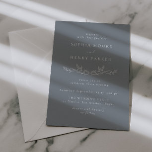 Elegant Dusty Blue Leaf Line Art Wedding  Invitation