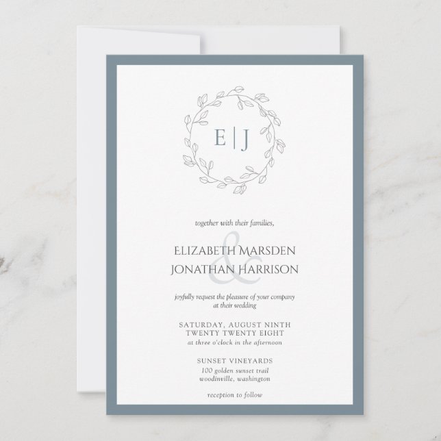 Elegant Dusty Blue Leaf Wreath Monogram Wedding Invitation (Front)