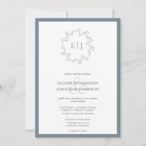 Elegant Dusty Blue Leaf Wreath Monogram Wedding Invitation