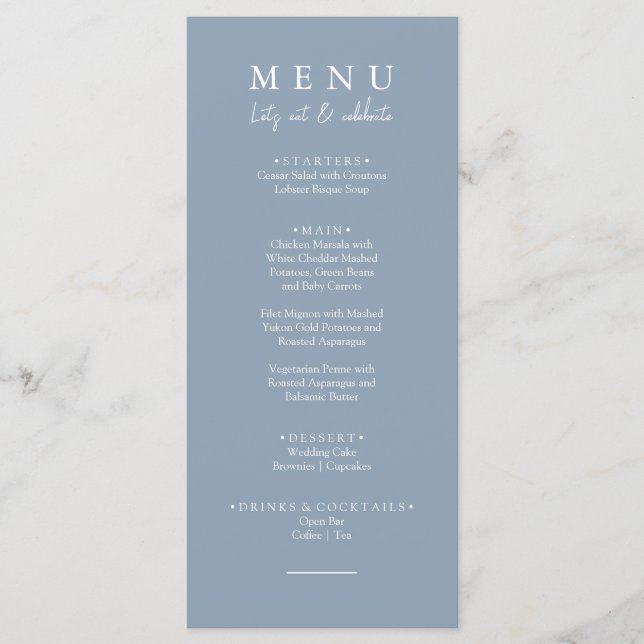 Elegant Dusty Blue Let's Eat Calligraphy Wedding  Menu (Front)