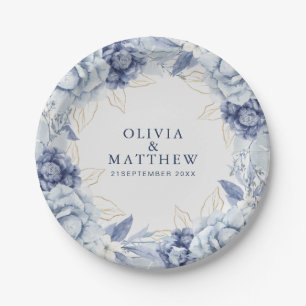 Elegant Dusty Blue & Light Blue Floral Wedding Paper Plates
