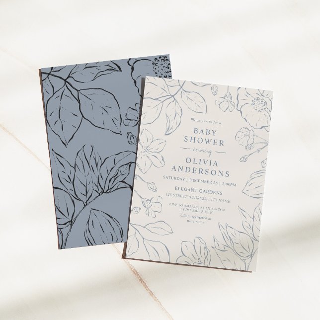 Elegant Dusty Blue Line Art Botanical Baby Shower Invitation (Creator Uploaded)