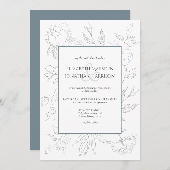 Elegant Dusty Blue Line Art Floral Simple Invitation (Front/Back)