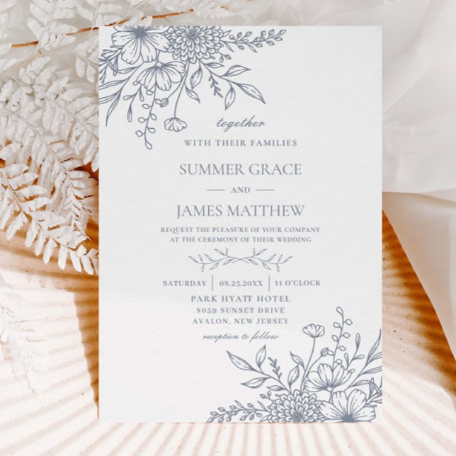 Elegant Dusty Blue Line Art Floral Wedding Invitation (Creator Uploaded)