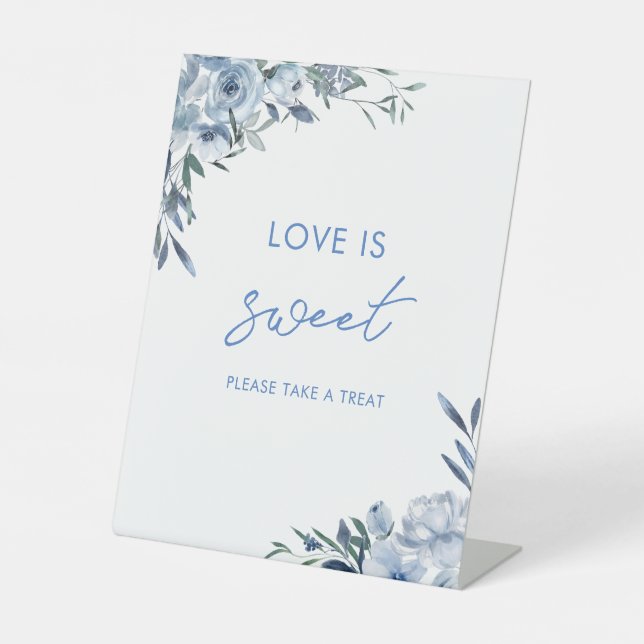 Elegant Dusty Blue Love Is Sweet Treat Favor Pedestal Sign (Front)
