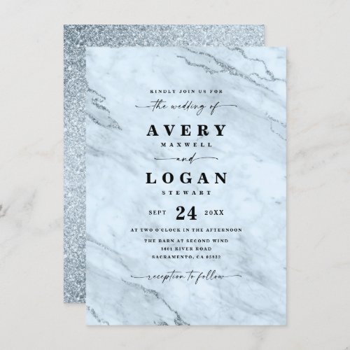 Elegant Dusty Blue Marble  Glitter Wedding Invitation