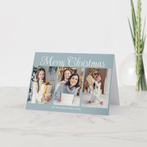 Elegant Dusty Blue Merry Christmas Photo Collage Holiday Card