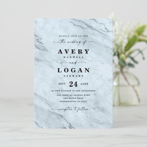 Elegant Dusty Blue Metallic Marble Wedding Invitation