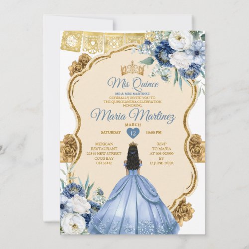 Elegant Dusty Blue Mexican Princess Quinceaera Invitation