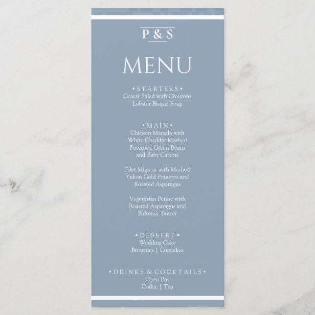 Elegant Dusty Blue Minimal Monogram Dinner Wedding Menu (Front)