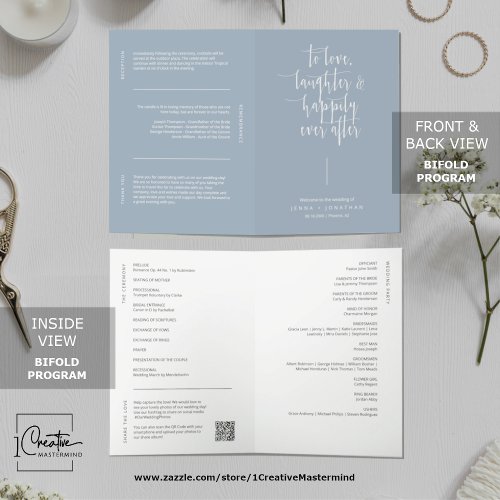 Elegant Dusty Blue Minimal QR Code Wedding Folded Program