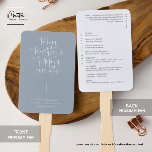 Elegant Dusty Blue Minimal Script Wedding Program Hand Fan