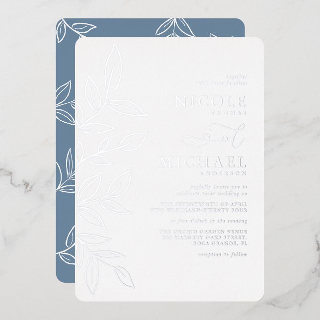 Elegant Dusty Blue Minimal Silver Leaf Wedding Foil Invitation (Front/Back)