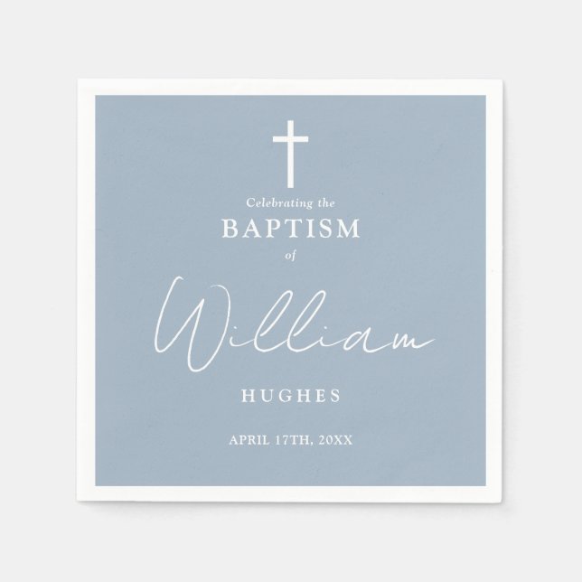 Elegant Dusty Blue Minimalist Baptism Christening Napkins (Front)