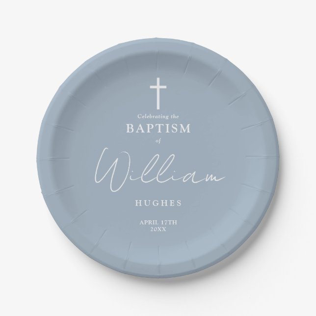 Elegant Dusty Blue Minimalist Baptism Christening Paper Plates (Front)