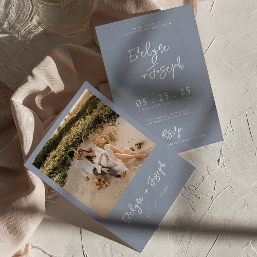 Elegant Dusty Blue Minimalist Boho Photo Wedding Invitation