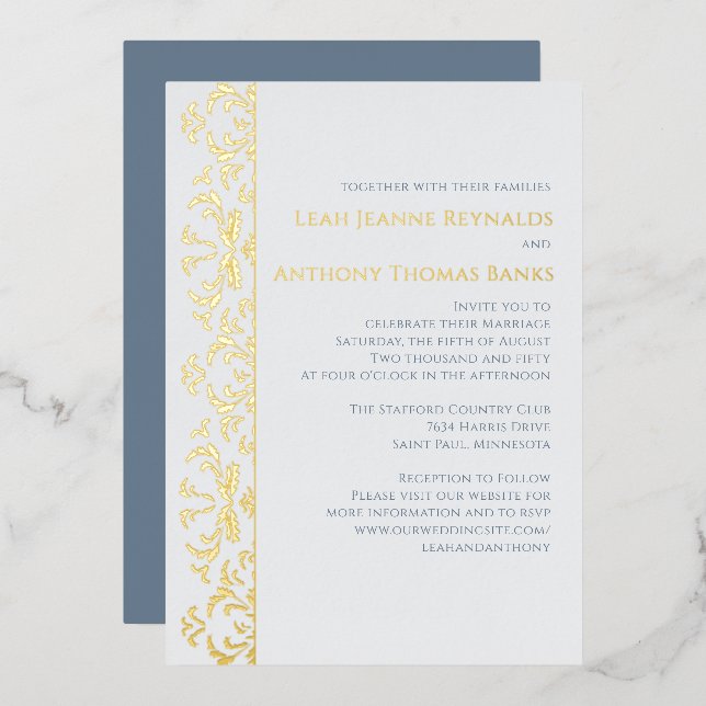 Elegant Dusty Blue Minimalist Classic Filigree Foil Invitation (Front/Back)