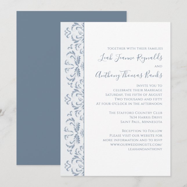 Elegant Dusty Blue Minimalist Classic Filigree Invitation (Front/Back)