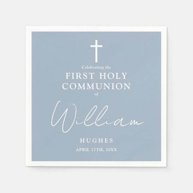 Elegant Dusty Blue Minimalist First Holy Communion Napkins (Front)