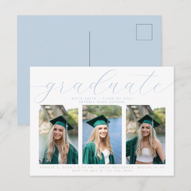 Elegant Dusty Blue Minimalist Graduation 3 Photo Invitation Postcard (Front/Back)