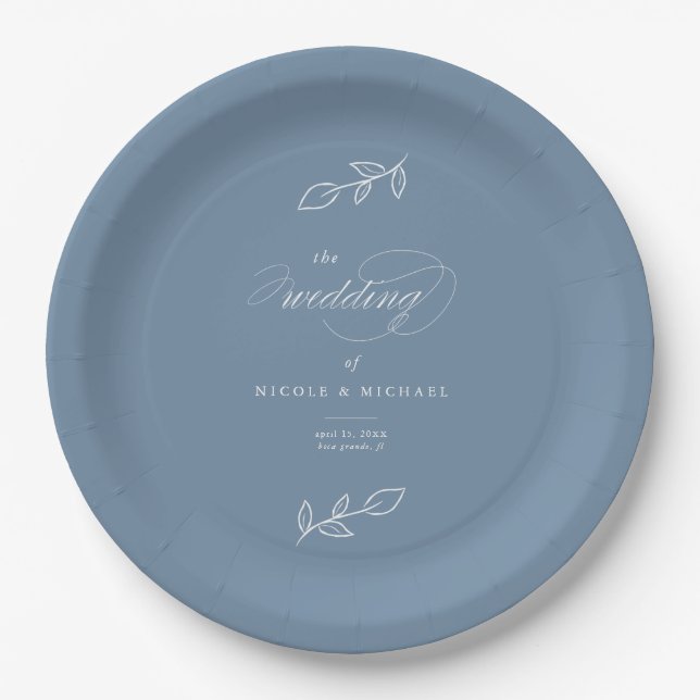 Elegant Dusty Blue Minimalist Leaves Wedding Paper Plates (Front)