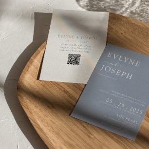 Elegant Dusty Blue Minimalist QR Code Boho Wedding Invitation