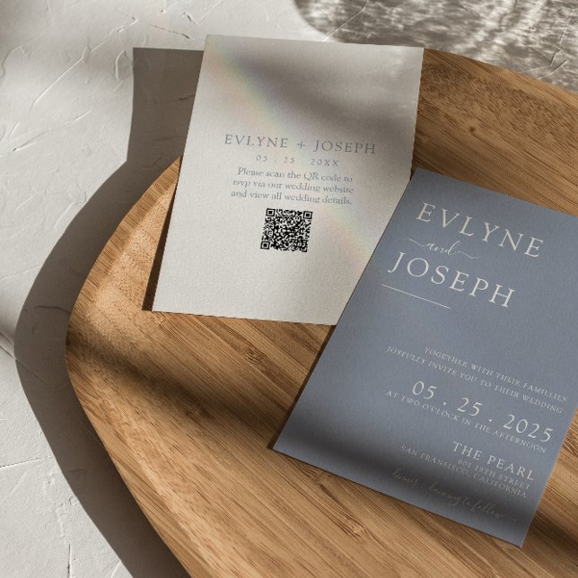 Elegant Dusty Blue Minimalist QR Code Boho Wedding Invitation (Creator Uploaded)