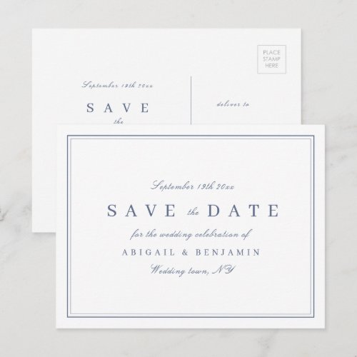 Elegant dusty blue minimalist save the date announcement postcard