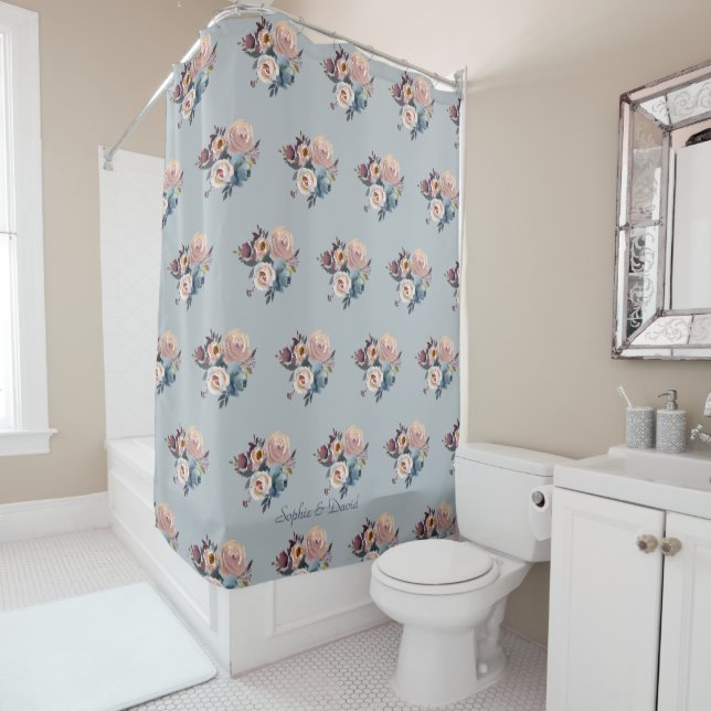 Elegant Dusty Blue Misty Rose Flowers Monogram Shower Curtain (In Situ)