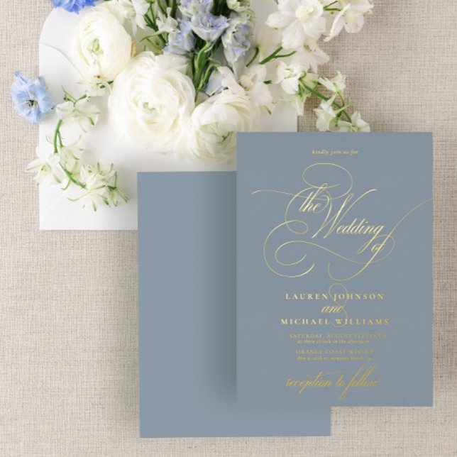 Elegant Dusty Blue Modern Calligraphy Wedding Foil Invitation (Creator Uploaded)