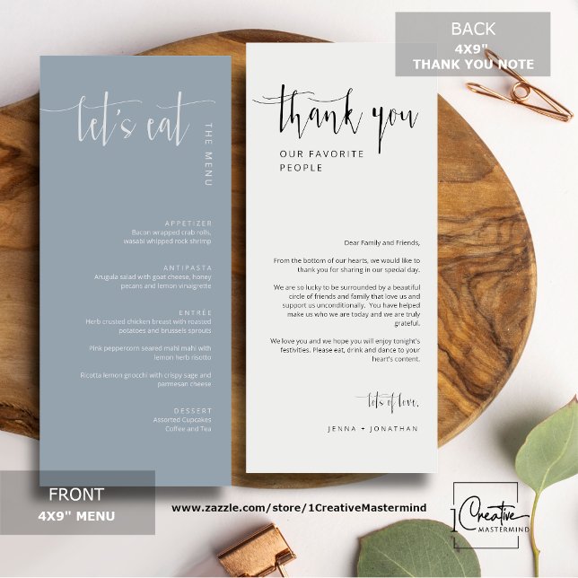 Elegant Dusty Blue Modern Let's Eat Thank You Menu (Creator Uploaded)