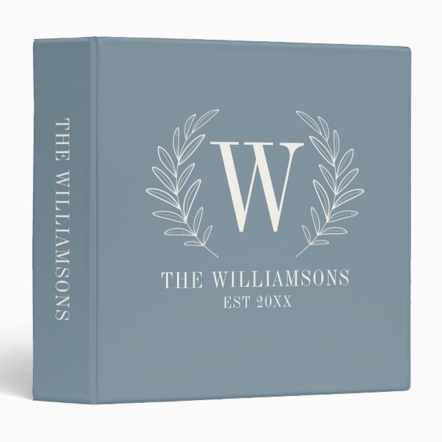 Elegant Dusty Blue Modern Monogram 3 Ring Binder (Front/Spine)