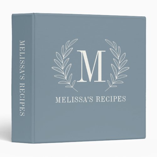 Elegant Dusty Blue Modern Monogram Recipe 3 Ring Binder