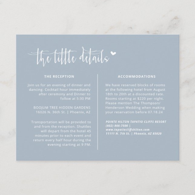 Elegant Dusty Blue Modern Wedding Details QR Code Enclosure Card (Front)