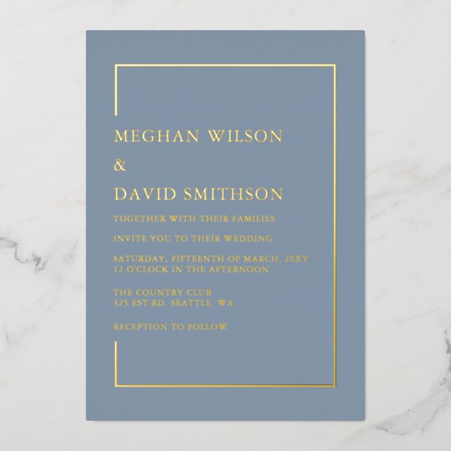 Elegant Dusty Blue Modern Wedding  Foil Invitation (Front)