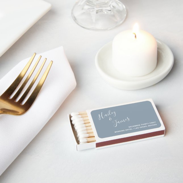 Elegant Dusty Blue Modern Wedding Matchboxes (Insitu)