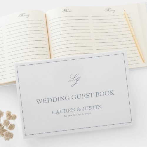 Elegant Dusty Blue Monogram Calligraphy Wedding Guest Book