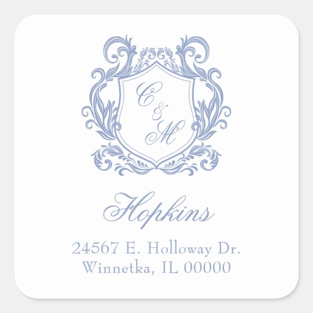 Elegant Dusty Blue Monogram Crest Return Address Square Sticker (Front)