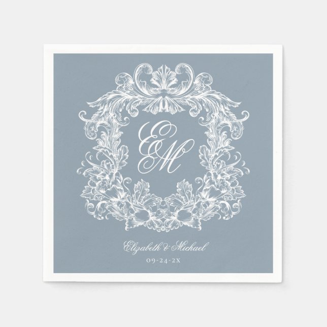 Elegant Dusty Blue Monogram Crest Script Wedding Napkins (Front)