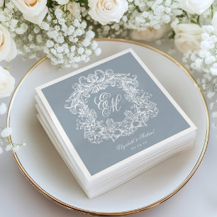 Elegant Dusty Blue Monogram Crest Script Wedding Napkins