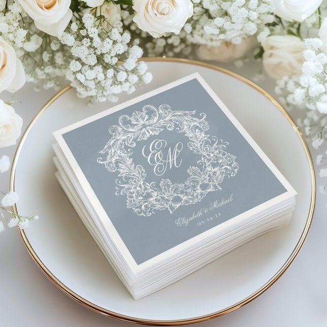 Elegant Dusty Blue Monogram Crest Script Wedding Napkins (Creator Uploaded)