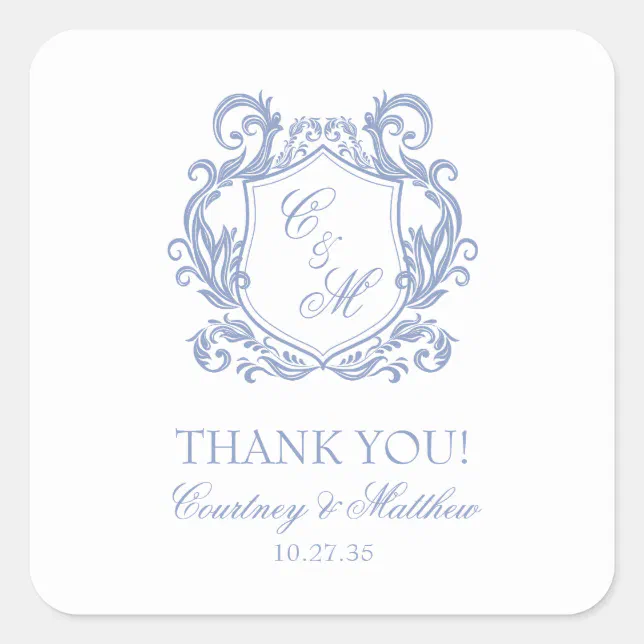 Elegant Dusty Blue Monogram Crest Thank You Square Sticker | Zazzle