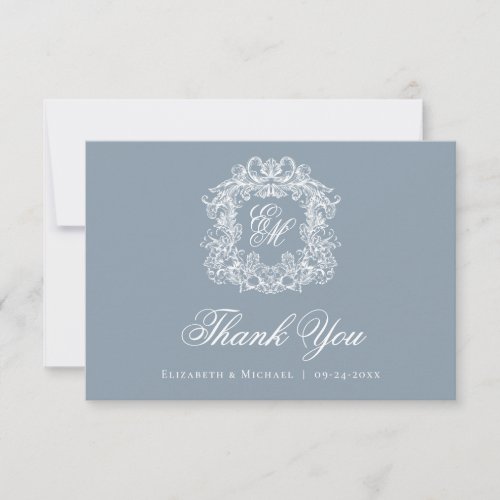 Elegant Dusty Blue Monogram Crest Vintage Wedding  Thank You Card
