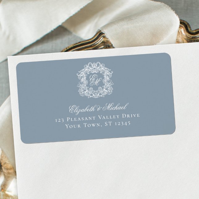 Elegant Dusty Blue Monogram Crest Wedding Address Label (Creator Uploaded)
